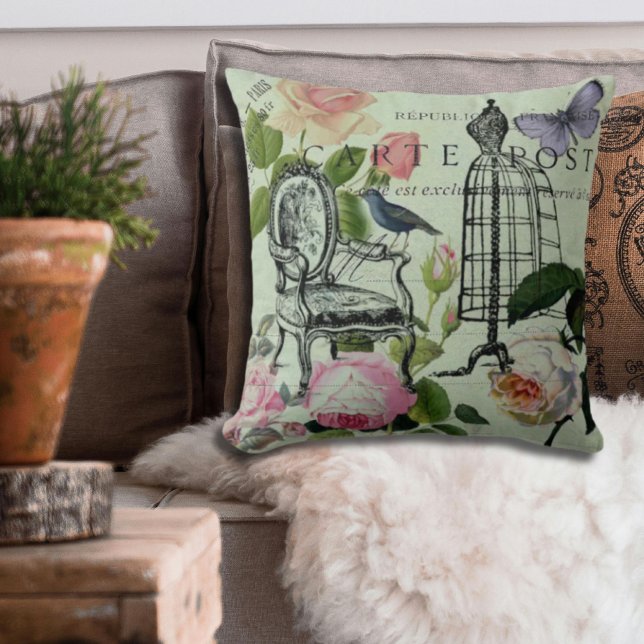 minze moderne Vintage französische Rose Schmetterl Kissen (mint modern vintage french rose butterfly paris throw pillow)