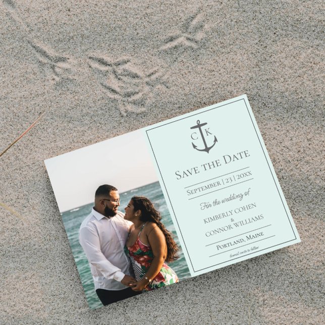 Minze Nautic Monogram Foto Save the Date (Mint Nautical Monogram Photo Save the Date)