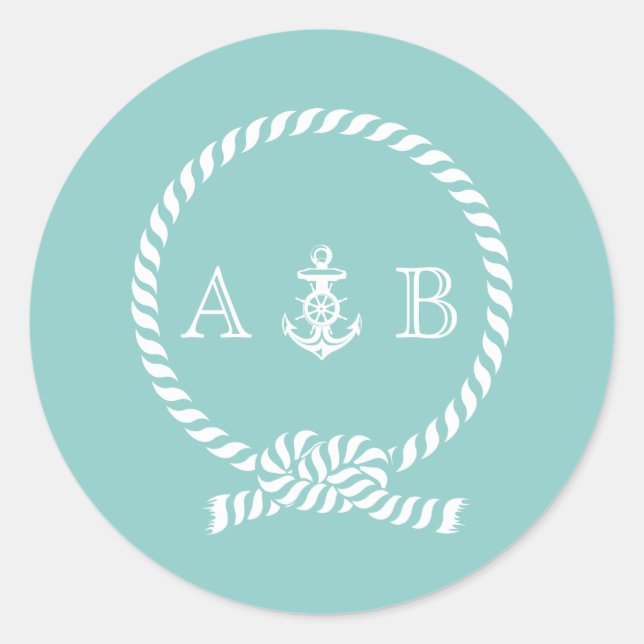 Minze Nautical Rope und Anchor Monogram Runder Aufkleber (Vorderseite)