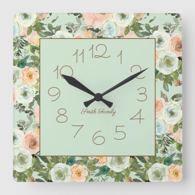 Minze Peach Wassercolor Blumenfamilie Name Quadratische Wanduhr (Vorderseite)