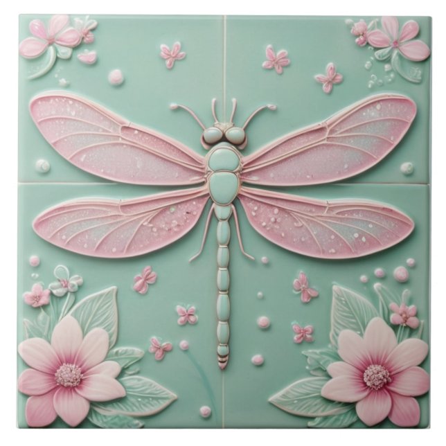 Minze & Pink Dragonfly und Blume Girl Floral Fliese (Vorderseite)