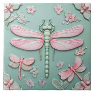 Minze & Pink Dragonfly und Blume Girl Floral Fliese