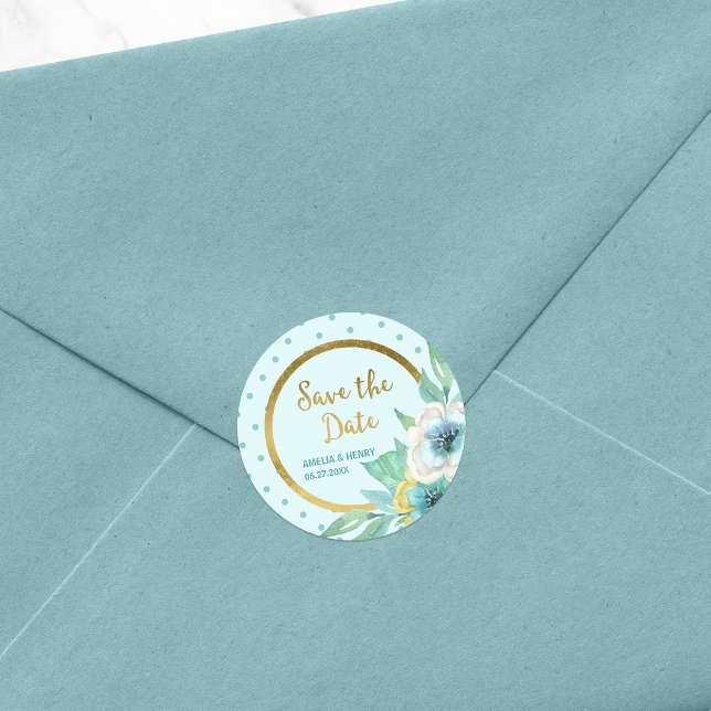 Minze Polka Dot Imitate Gold Floral Save the Date Runder Aufkleber (Von Creator hochgeladen)