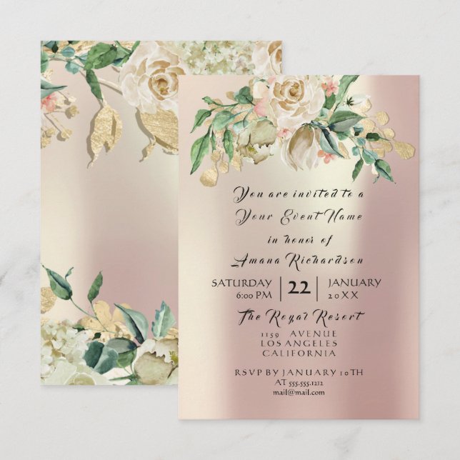 Minze Rose Champaigne Gold Floral Aquarell Perle Einladung (Vorne/Hinten)