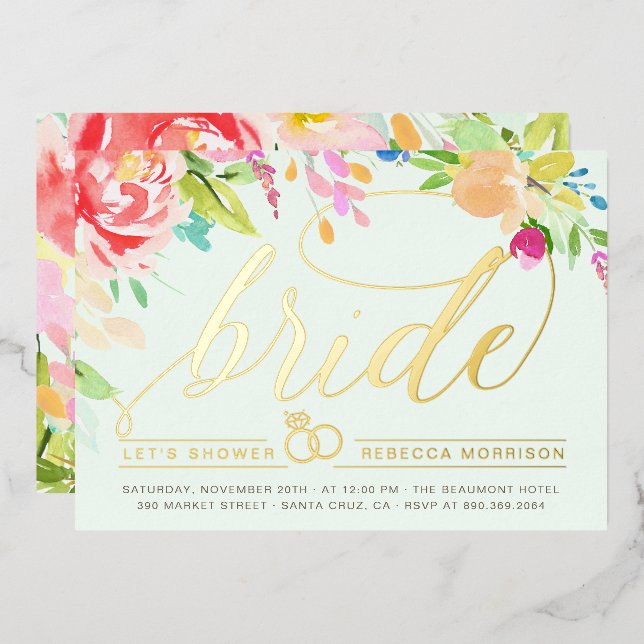 Minze | Rose & Gold Diamond Ring Brautparty Folieneinladung (Vorderseite/Rückseite)