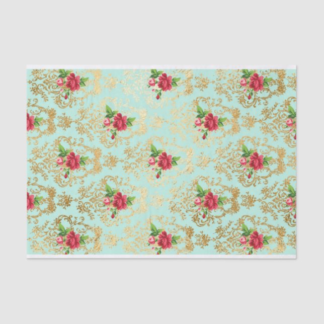 Minze Shabby Chic Retro Gold Spitzen Blumendekoupa Seidenpapier (Vorderseite)