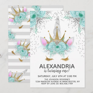 Minze, Silber & Gold Einhorn Prinzessin Geburtstag Einladung
