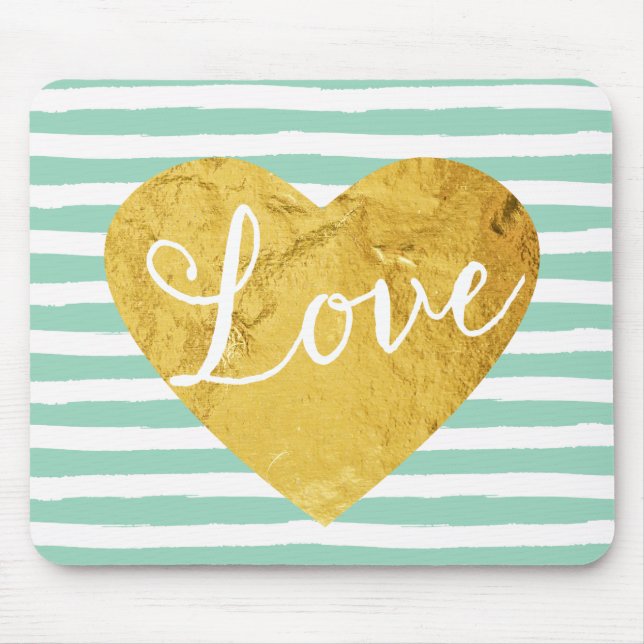 Minze Stripes Fake-GoldLiebe-Herz niedliches Girly Mousepad (Vorne)