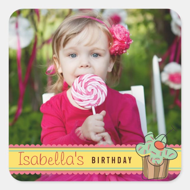 Minze Sweet Cherry Cupcake Foto Geburtstagsticker Quadratischer Aufkleber (Vorderseite)
