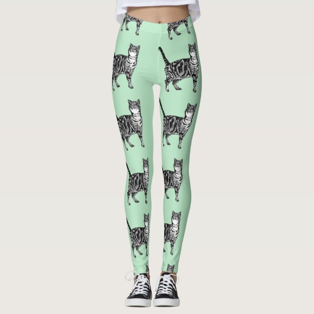 Minze Tabby Katze Schwarz-Weiß-Leggings Leggings (Vorderseite)