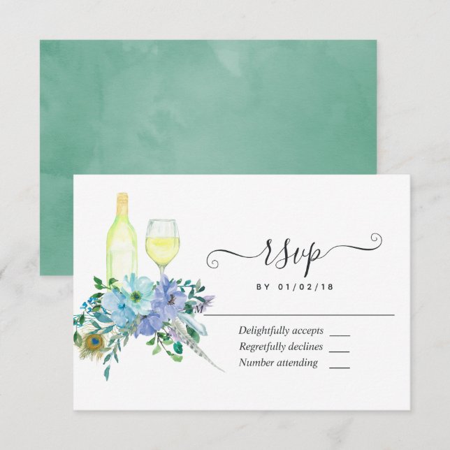 Minze und blaue Wasserfarben-Hochzeit RSVP Karte (Vorne/Hinten)