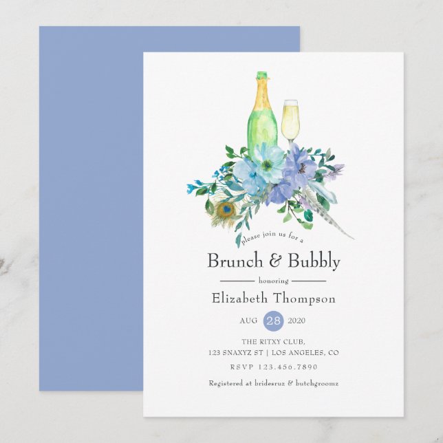 Minze und Blue Boho Brunch und Bubbly Brautparty Einladung (Vorne/Hinten)