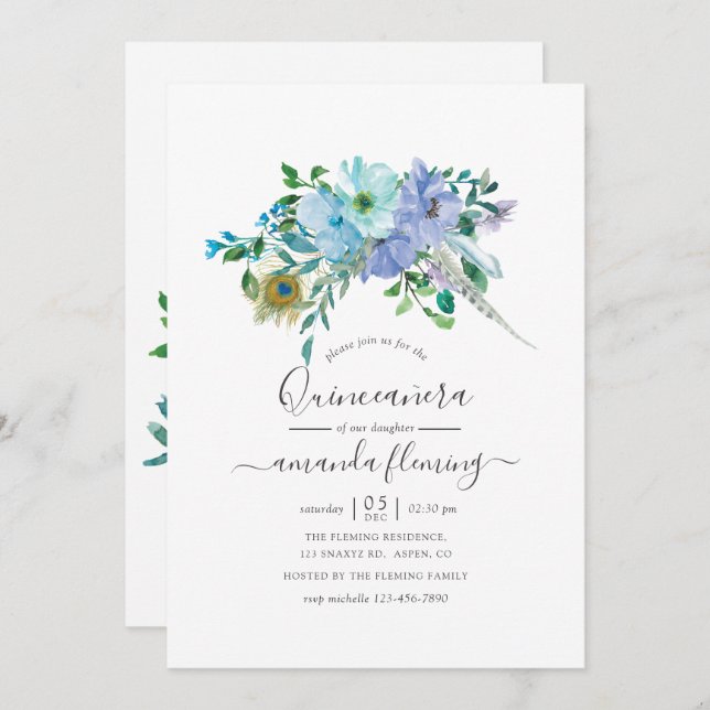 Minze und Blue Watercolor Boho Floral Quinceañera Einladung (Vorne/Hinten)