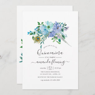 Minze und Blue Watercolor Boho Floral Quinceañera Einladung
