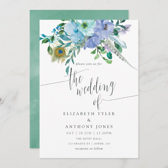 Minze und Blue Watercolor Boho Floral Wedding Einladung (Vorne/Hinten)