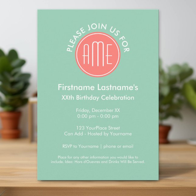 Minze und Coral Chevrons Custom Monogram Einladung (Monogram Preppy Birthday Invitation)