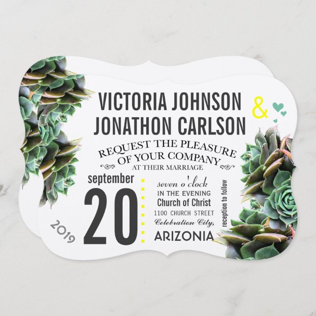 Minze und gelbe Sukkulente Moderne Hochzeit Einladung (Vorne/Hinten)