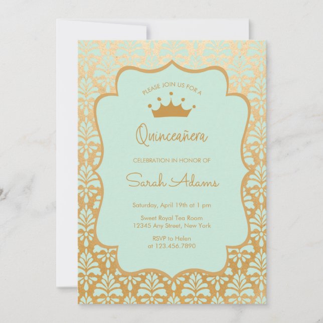 Minze und Gold Damask Glam Modern Quinceanera Einladung (Vorderseite)