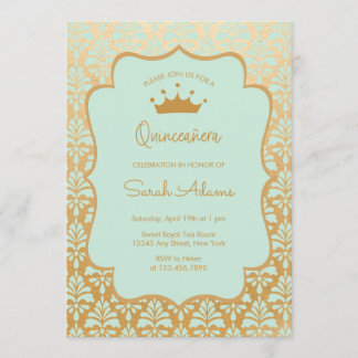 Minze und Gold Damask Glam Modern Quinceanera Einladung