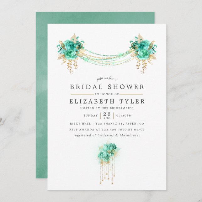 Minze und Gold Floral String Lights Brautparty Einladung (Vorne/Hinten)