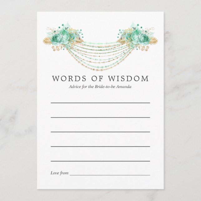 Minze und Gold Floral String Lights Bridal Beratun Hinweiskarte (Vorderseite)