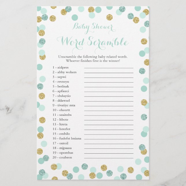 Minze und Gold Glitzer Baby Shower Word Scramble Flyer (Vorne)
