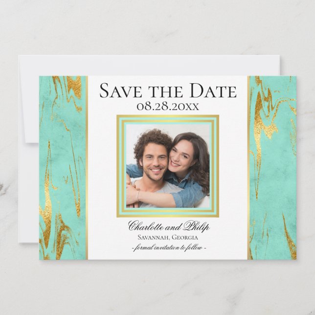 Minze und Gold-Marmor-Foto Save the Date (Vorderseite)