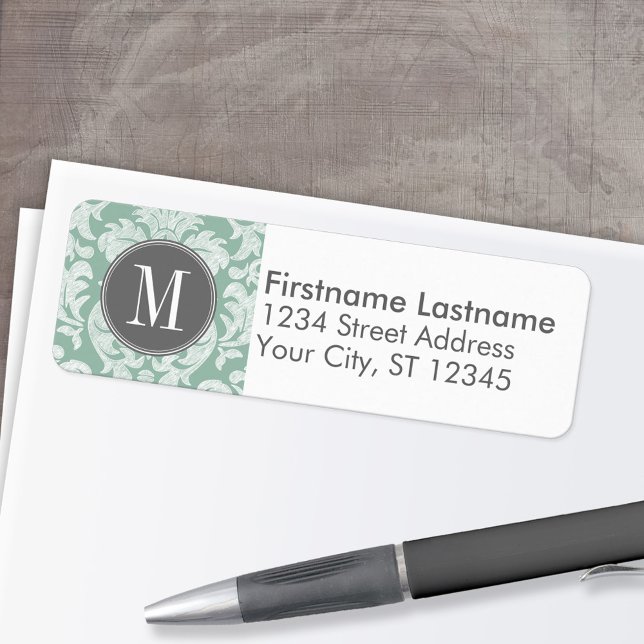 Minze und Grau Damast-Muster mit individuellem Mon (Custom Return Address Labels - Low Minimum)
