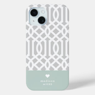 Minze und graue Trellis-Herz-Monogramm Case-Mate iPhone Hülle
