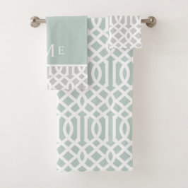 Minze und Gray Trellis Monogramm | Editierbare Far Badhandtuch Set