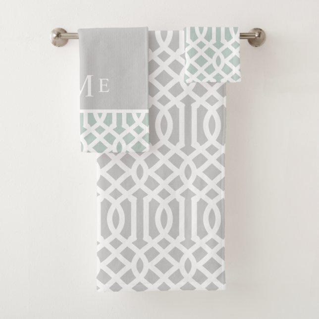 Minze und Gray Trellis Monogramm | Editierbare Far Badhandtuch Set (Insitu)