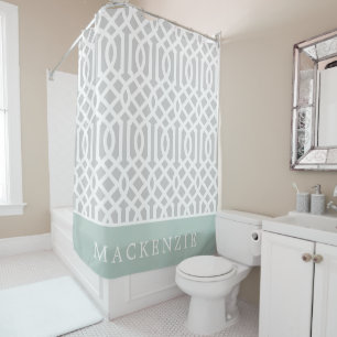 Minze und Gray Trellis Monogramm Editierbare Far Duschvorhang