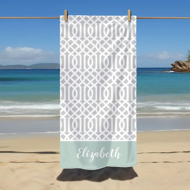 Minze und Gray Trellis Monogramm | Editierbare Far Strandtuch (Von Creator hochgeladen)