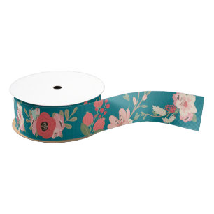 Minze und Koralle mit Blumen Ripsband