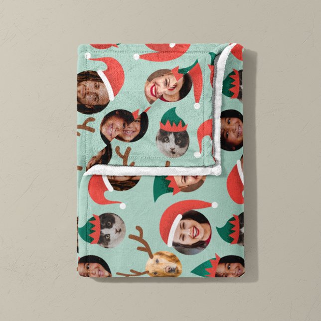 Minze und Korallen Alberne Weihnachtsfeier Crew Se Fleecedecke (Christmas Crew six photo fleece blanket in mint and coral)