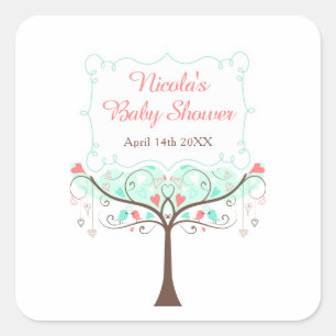 Minze und Korallen Blumen-Vogel-Baby-Party  Quadratischer Aufkleber