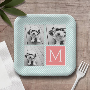Minze und Korallenfoto-Collage Custom Monogram Pappteller