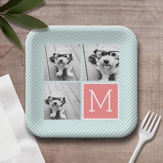 Minze und Korallenfoto-Collage Custom Monogram Pappteller (Personalized party plates with a photo collage and text)