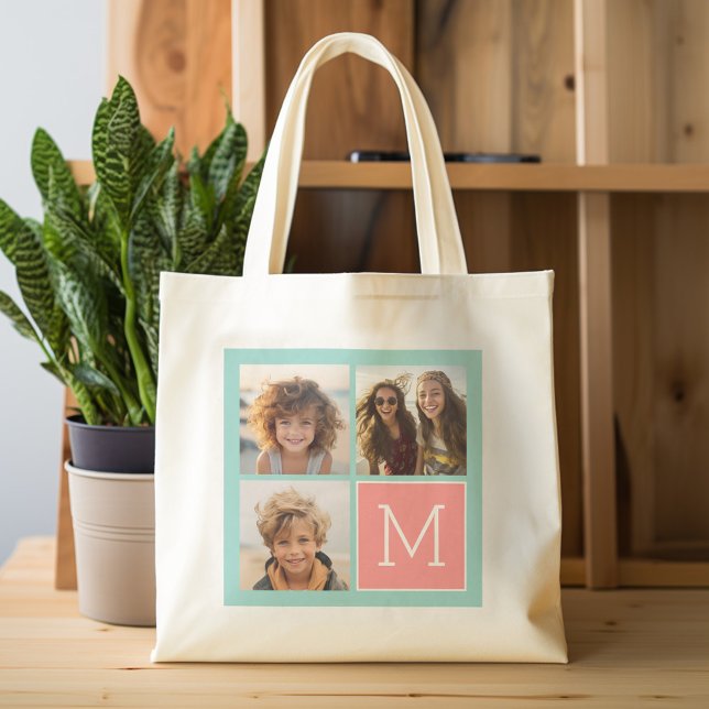 Minze und Korallenfoto-Collage Custom Monogram Tragetasche (Personalized tote bag with photos and custom text)