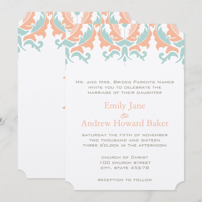 Minze und Korallenpfirsiche Einladung zur Hochzeit (Vorne/Hinten)