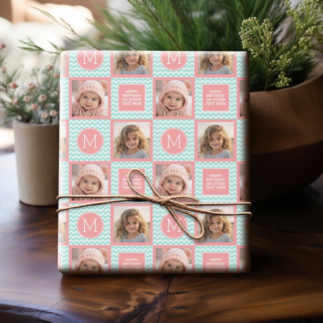 Minze und Korallenschürze mit kundenspezifischer M Geschenkpapier (Personalized Photo Wrapping Paper)