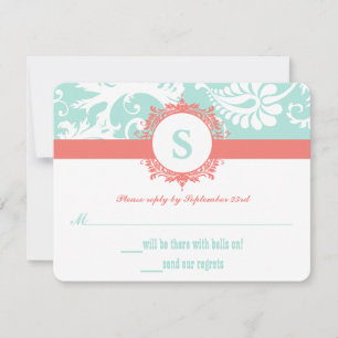 Minze- und Pfirsich-Monogramm-Damaskus-Hochzeitsei RSVP Karte