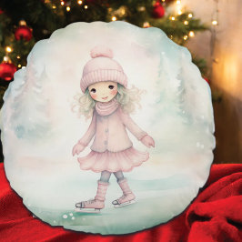 Minze und Pink Winter Scene Girl Skaten Rundes Kissen
