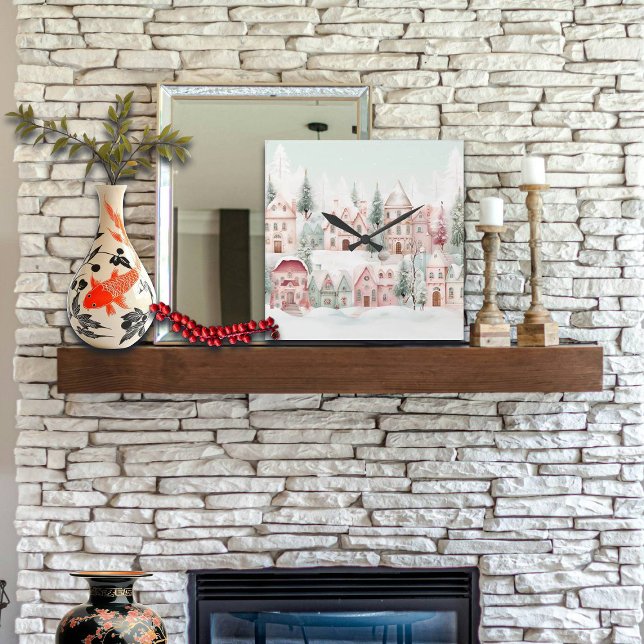 Minze und rosa Gemütliche Wasserfarben Winterlands Quadratische Wanduhr (Von Creator hochgeladen)