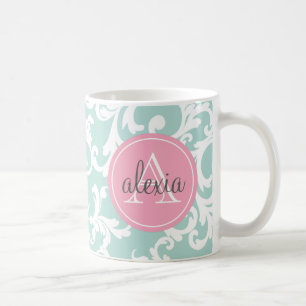 Minze und Rosa-mit Monogramm Damast-Druck Tasse