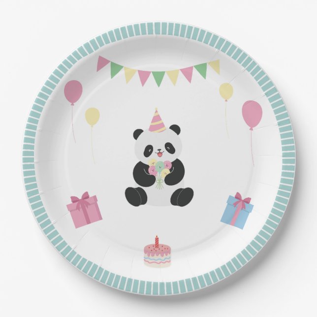 Minze und rosa Panda-Design Pappteller (Vorderseite)
