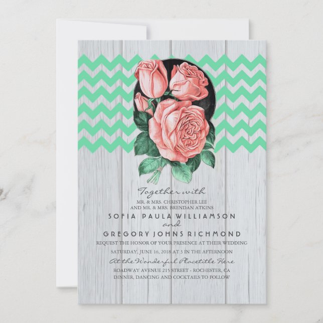 Minze und rosa Rustikale Chic Hochzeitseinladungen Einladung (Vorderseite)