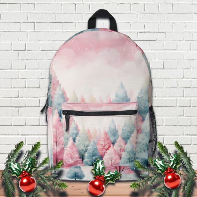 Minze und rosa Tannenbäume Winterlandschaft Bedruckter Rucksack (Von Creator hochgeladen)