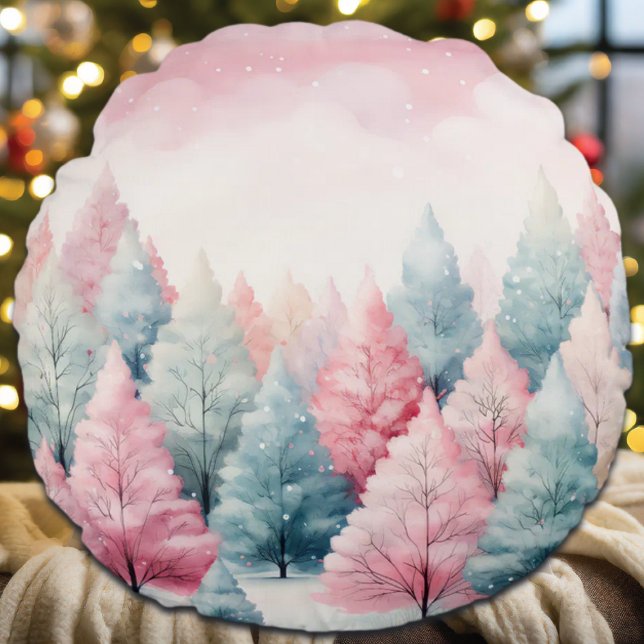 Minze und rosa Tannenbäume Winterlandschaft Rundes Kissen (Von Creator hochgeladen)