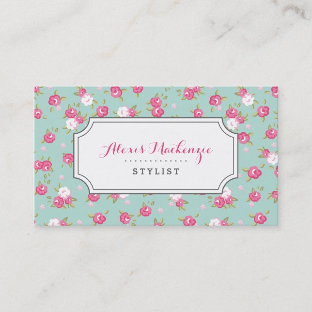 Minze und rosa Vintage Blumendrucke Visitenkarte (Vorderseite)